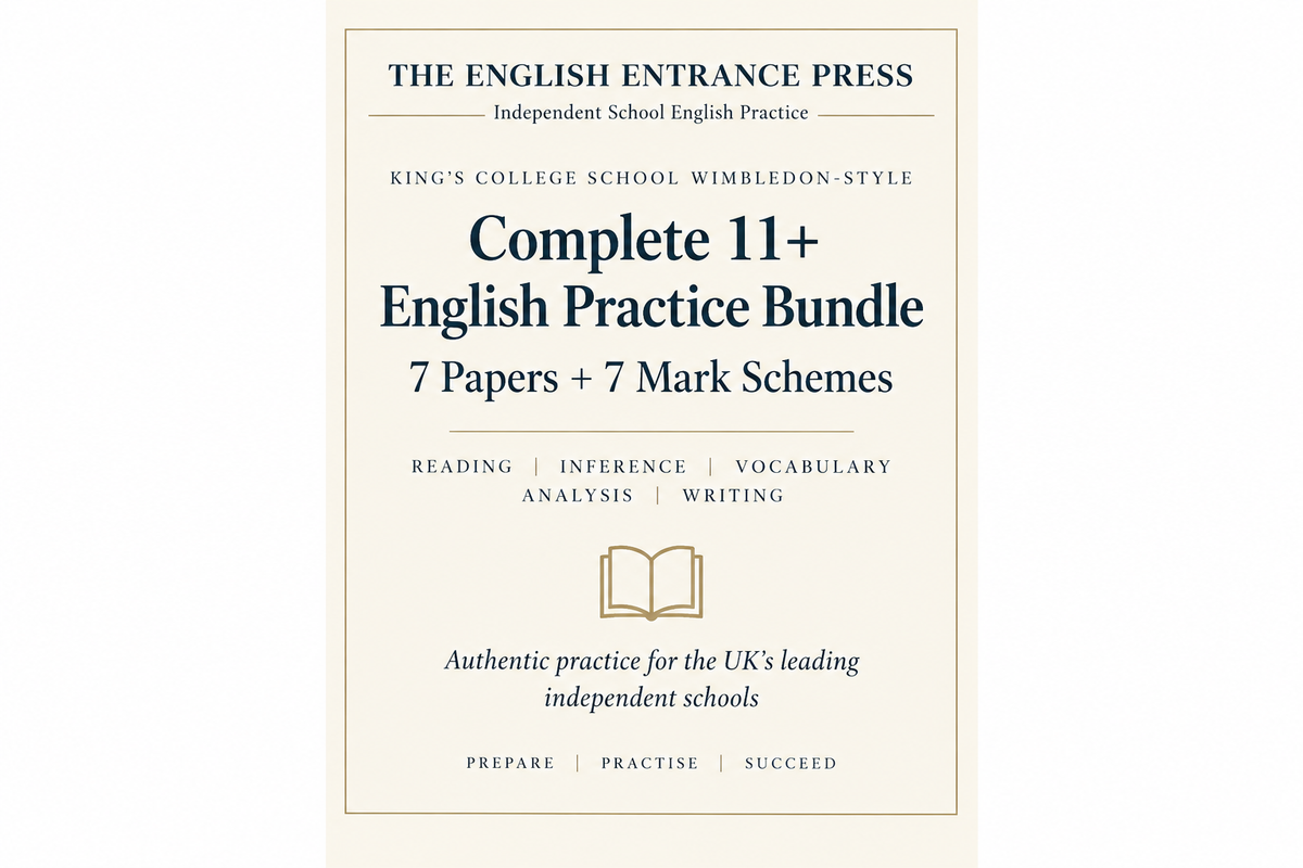 King's College School Wimbledon-style Complete 11+ English Practice Bundle — 7 Papers + 7 Mark Schemes